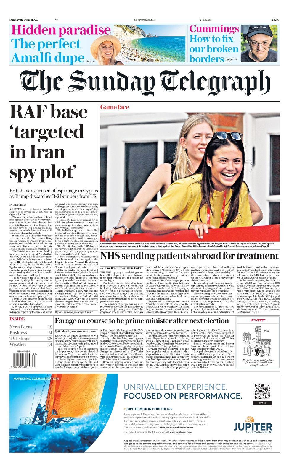 The headline on the Sunday Telegraph's front page reads: "RAF base 'targeted in Iran spy plot'"