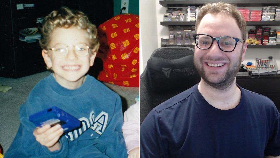 A composite image shows a young Josh, on the left, photographed inside a living room as he clutches a retro, blue Game Boy. On the right is a photo of Josh as an adult, sitting in a gaming chair with shelves of neatly stacked jewel cases on the wall behind him.