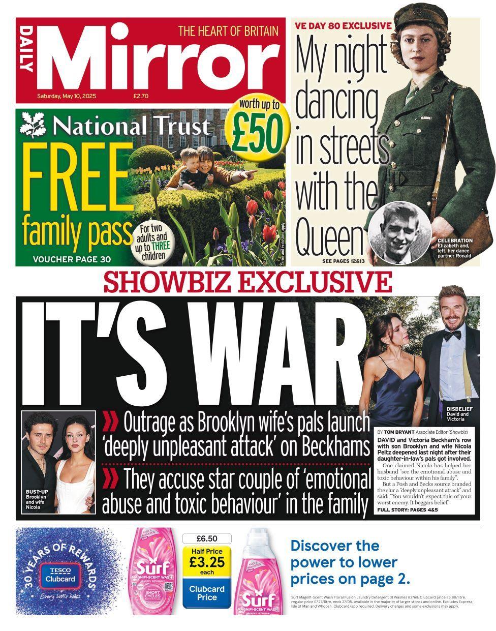 Daily Mirror front page on Saturday 10 May 2025