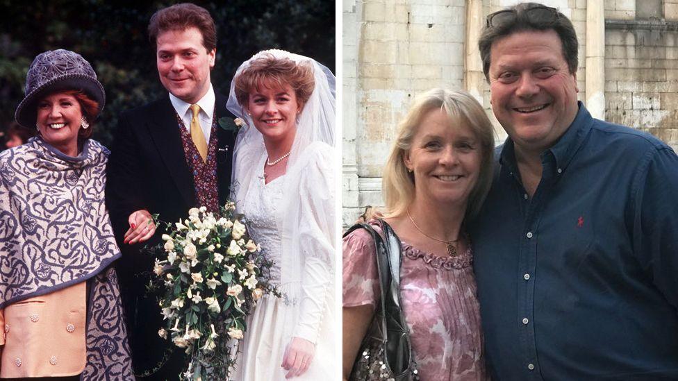 Split pic with Sue and Alex Tatham's wedding, and guest Cilla Black, on the left, and a more recent photo of Sue and Alex smiling. 