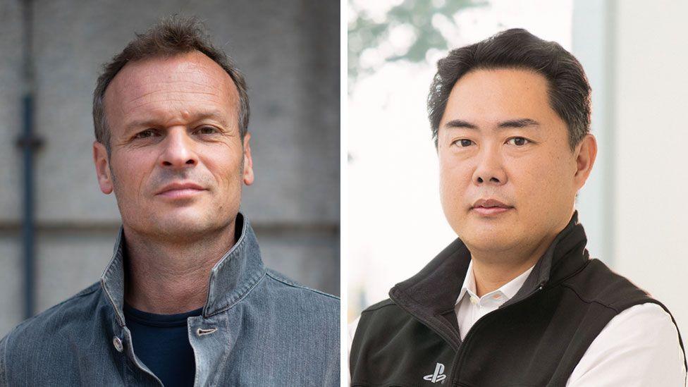 On the left, Hermen Hulst wears a denim jacket and smirks at the camera. On the right, Hideaki Nishino wears a PlayStation-branded gilet and looks serious. 