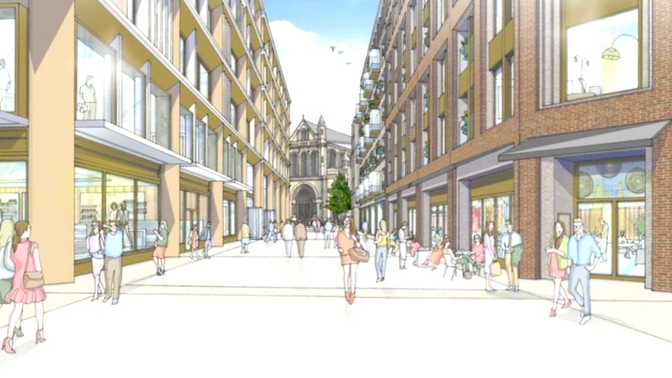 Artist's impression of part of the Tribeca scheme in Belfast. It shows pedestrianised street with shops and offices on either side with a cathedral at the end. The people are all in pastel colours.