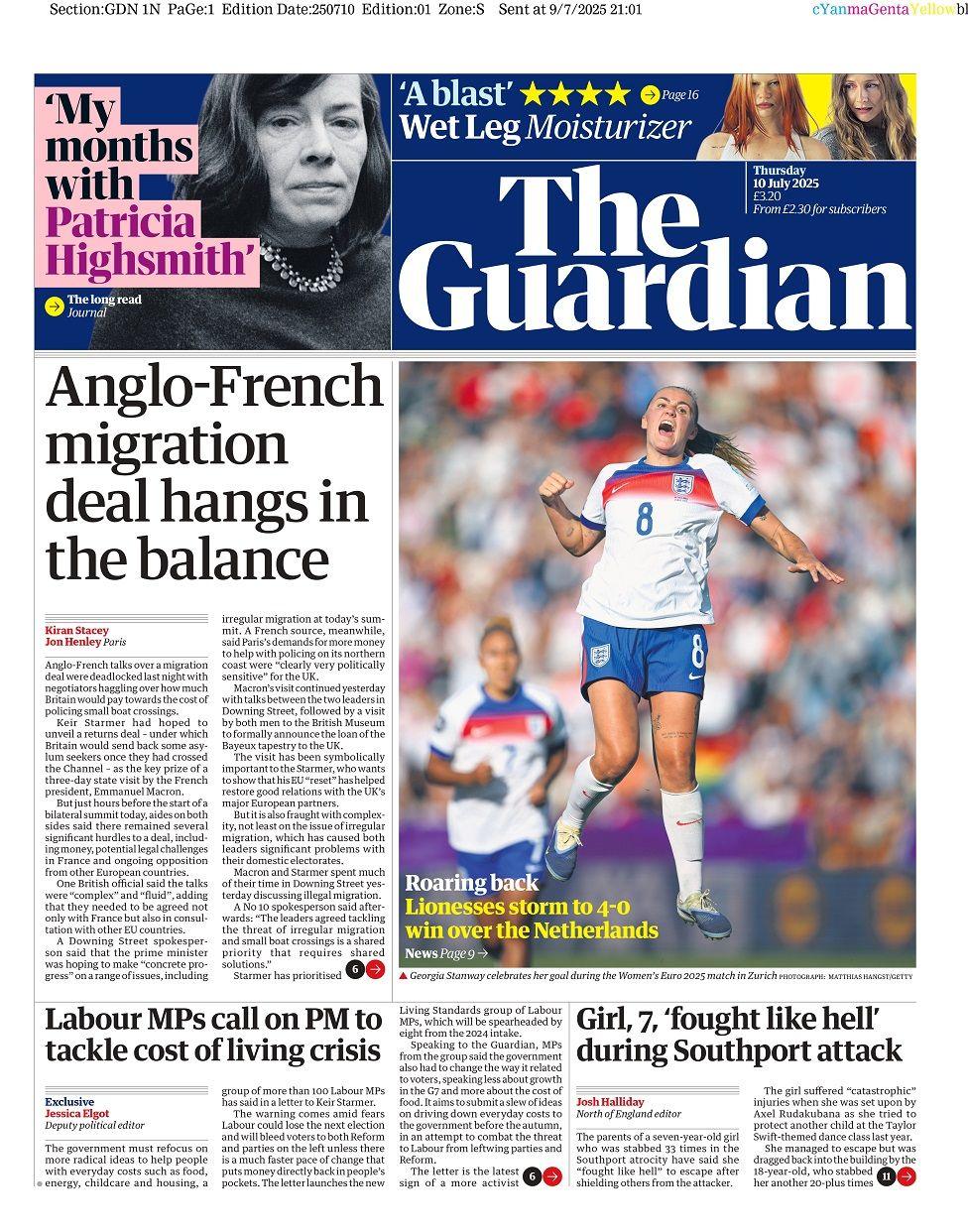 The front page of the Guardian for 10 July.