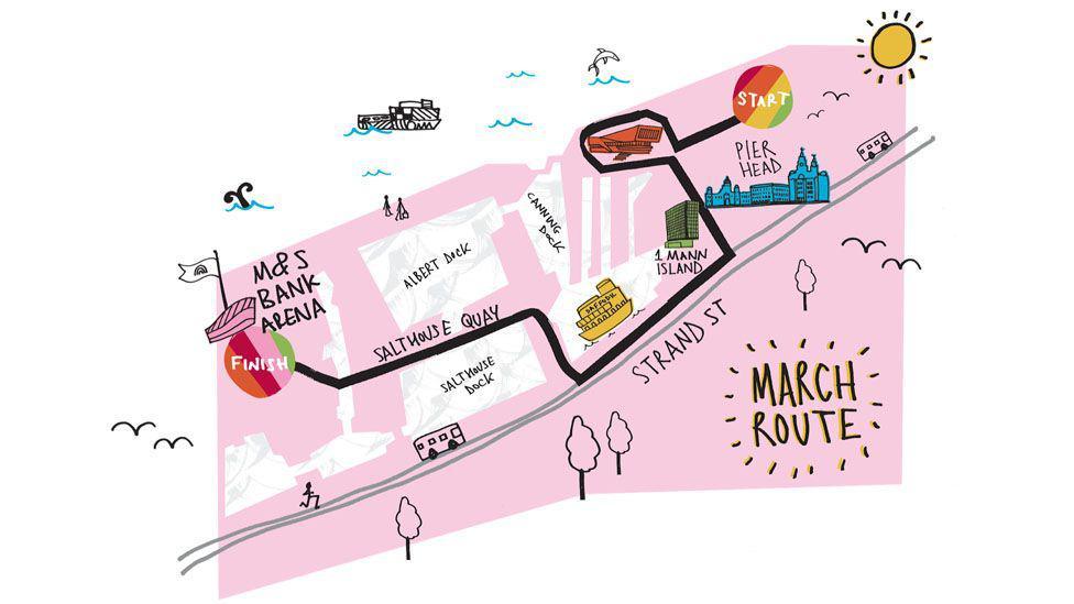Am illustrated pink map showing a route starting at Liverpool's Pier Head. There is a rainbow circle with white writing reading "Start". A black line details the route passing 1 Mann Island along Strand Street, along Salthouse Quay at the Albert Dock to the M&S Bank Arena where there is a rainbow circle with white writing reading "Finish".