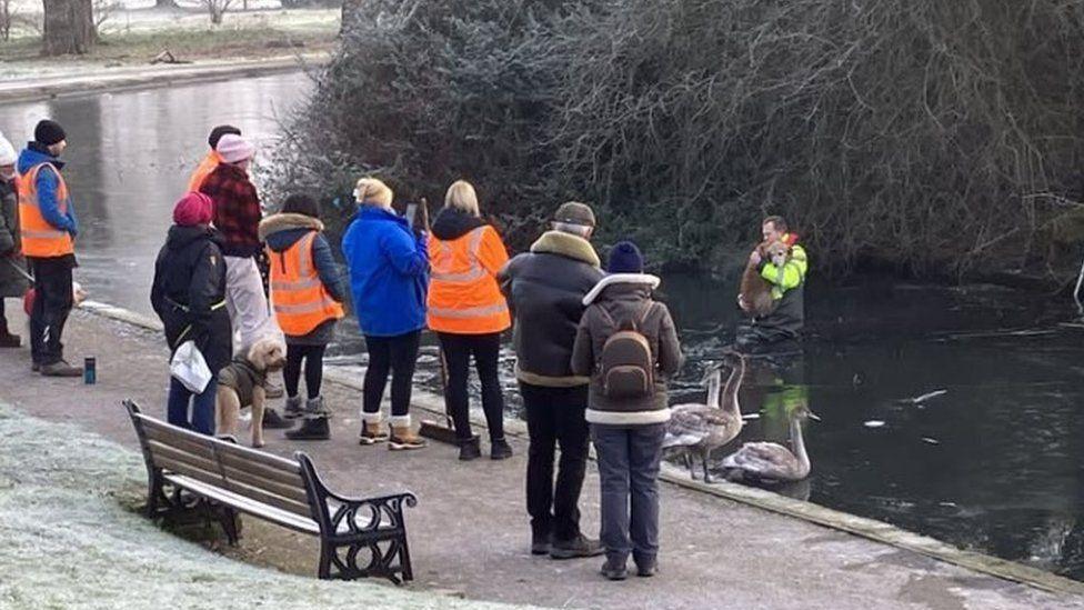 Small crowd of people standing on a path looking towards a pond where a man is wading back to the shore holding a golden dog - the ground is white with ice.