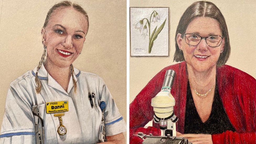 Two pieces of artwork, showing a nurse, in nurses uniform, smiling, with red lipstick, the other image is a woman, wearing glasses, in front of a microscope, with short dark hair, wearing a red cardigan and a black top.