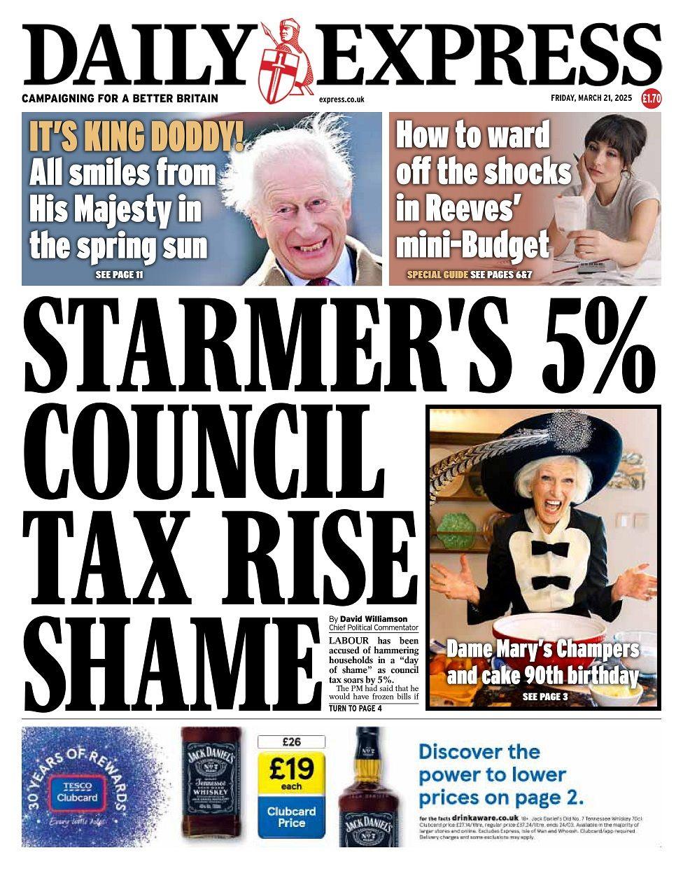 Front page of the Daily Express for Friday 21 March 2025.