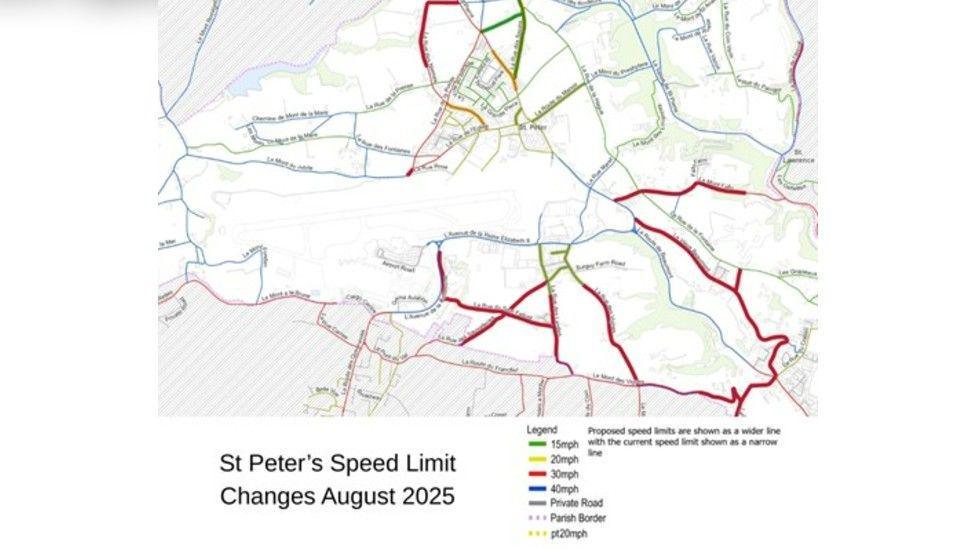 Map shows new speed limits on roads around Jersey. The map shows a number of roads which are all in different colours. The colours represent the new speed limits. 