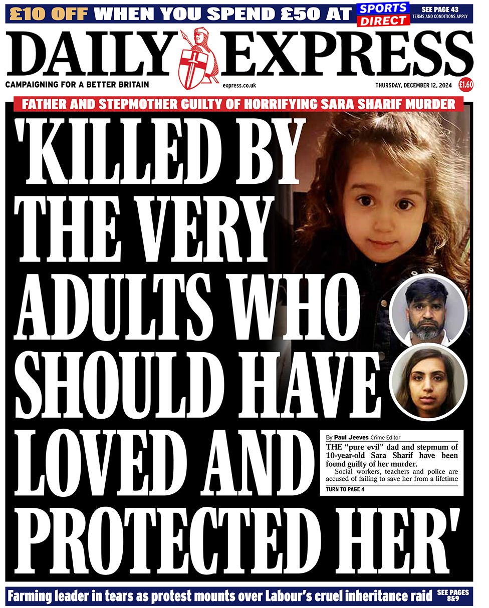 The headline in the Express reads: "'Killed by the very adults who should have loved and protected her'". 