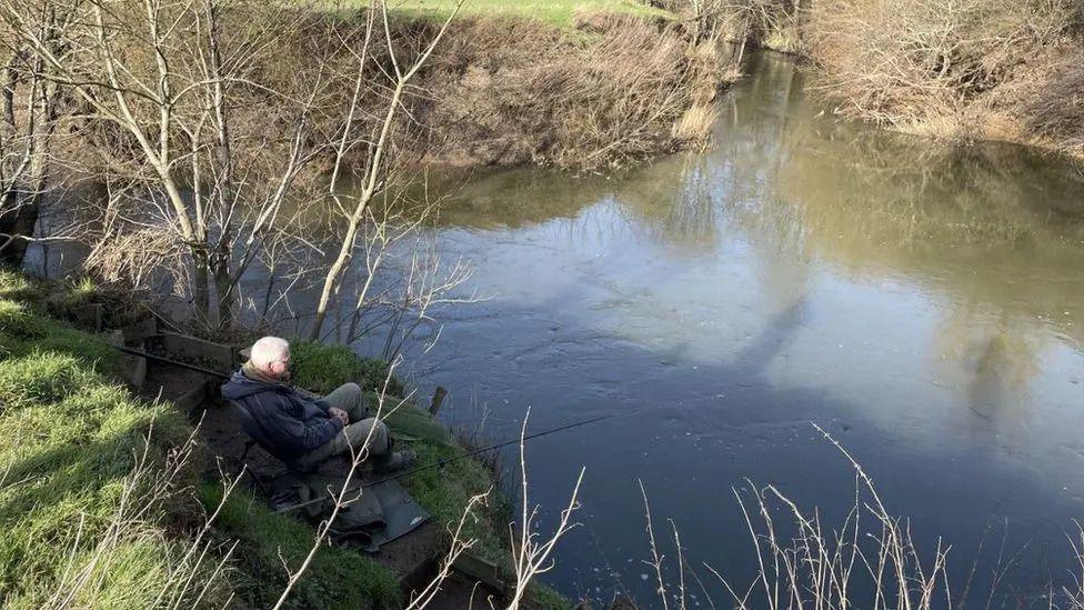 A man with white hair sits on a grassy bank next to a river. There are lots of brown trees along the river bank. The water is brown