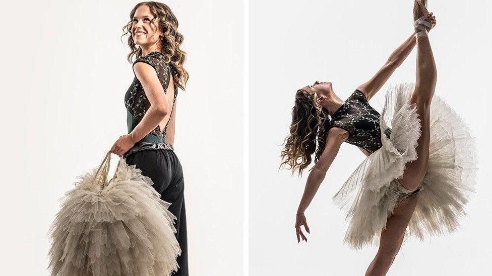 Two pictures of Amelia Thompson in her costume for the Black Sabbath ballet. In the left image she is standing and looking to one side. In the other, she is performing part of the choreography.