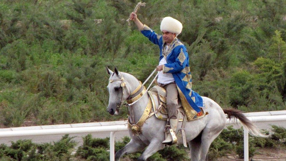 Turkmen President Gurbanguly Berdymukhamedov rides during a Day of Turkmen tiger beetle state holiday