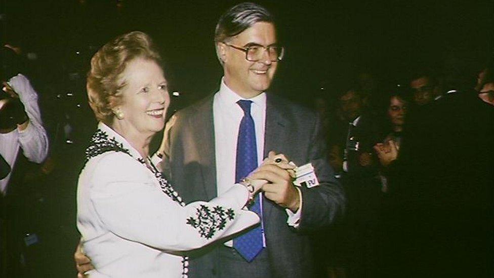 Margaret Thatcher dances with Kenneth Baker at Conservative party conference in 1989