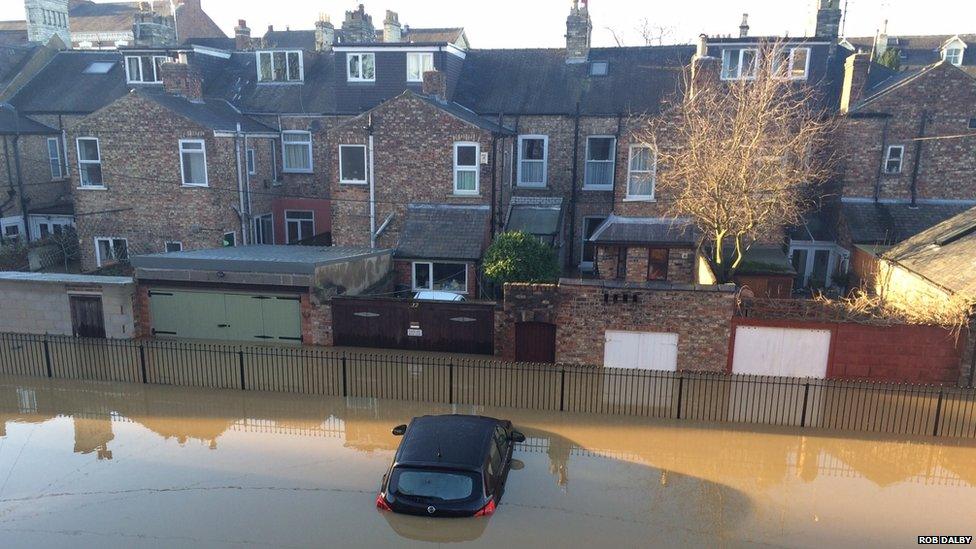 Car almost completely submerged in York