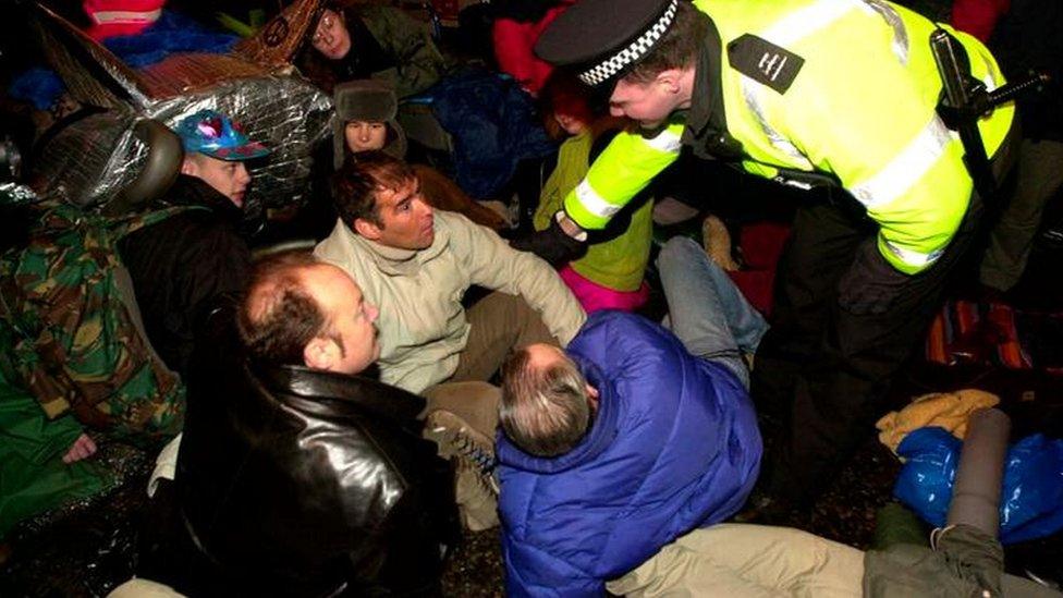 Scottish MSP Tommy Sheridan and MP George Galloway during a protest at Faslane in 2001