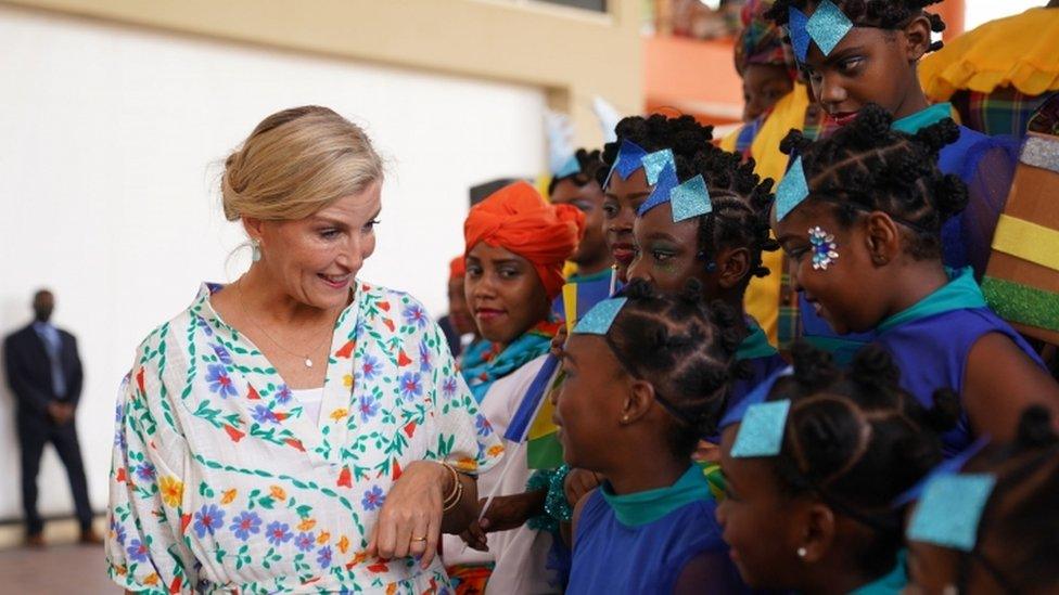 The Countess of Wessex meeting members of the La Gracia Dance Company at St Vincent and the Grenadines Community College