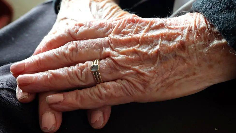 A close up of an elderly person's hands, resting on their lap.
