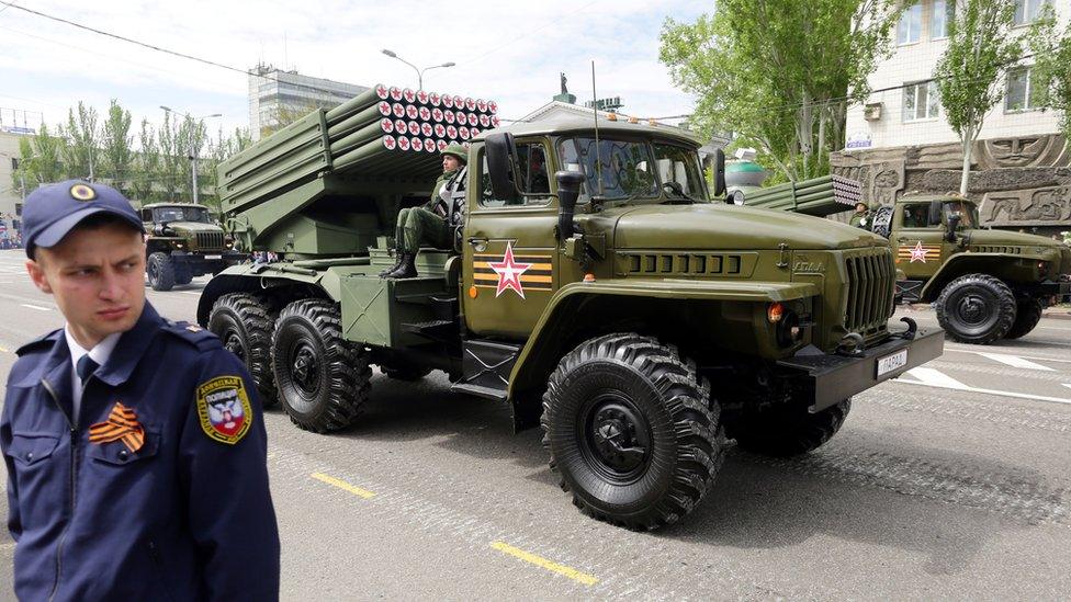 Donetsk, 9 May - Russian Grad rockets in rebel military parade