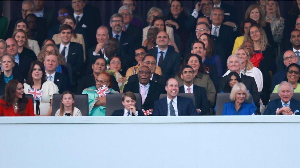 The Prince and Princess of Wales and their children, and the Queen and King