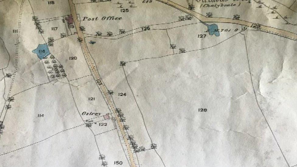 A map with tithe boundaries showing Trellech