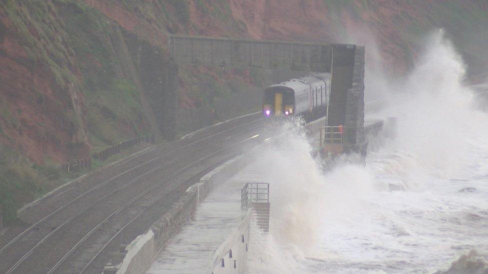 A train at Spray Point during stormy weather.