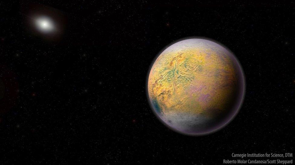 An artist's illustration of the hypothesized but undiscovered Planet X, which could be shaping the orbits of smaller extremely distant outer solar system objects like 2015 TG387.