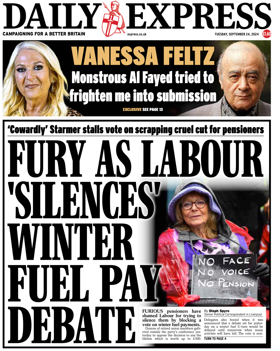 The front page of the Daily Express. The headline reads: 'Fury as Labour 'silences' winter fuel payment debate'