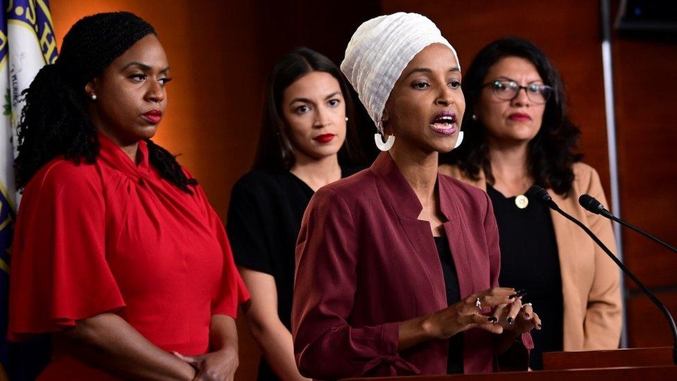 Ayanna Pressley (D-MA), Ilhan Omar (D-MN), Alexandria Ocasio-Cortez (D-NY) and Rashida Tlaib hold a news conference after Democrats in the U.S. Congress moved to formally condemn President Donald Trump"s attacks on the four minority congresswomen on Capitol Hill in Washington, U.S., July 15, 2019.