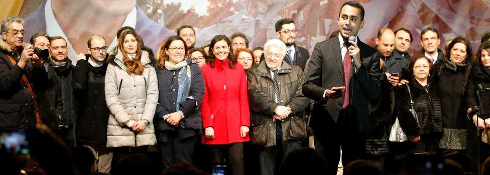 5-Star Movement leader Luigi Di Maio speaks to supporters after the election in early March