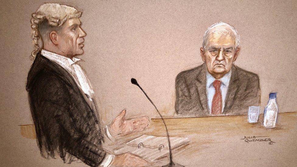 Courtroom sketch / court drawing by Julia Quenzler of Ben Myers QC (left)and David Duckenfield