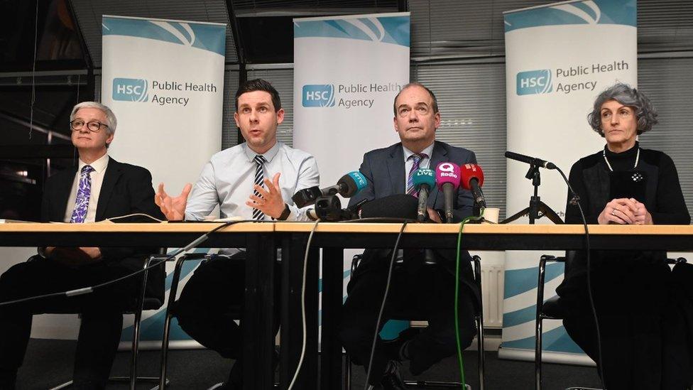 Dr Michael McBride (chief medical officer, second from right) announces the first detected case of the coronavirus in Northern Ireland at a press conference at the Public Health Agency HQ in Belfast. Dr Michael McBride held a press conference with, from left to right, Dr Adrian Mairs (Public Health Agency), Dr Philip Veal (consultant in health protection) and Dr Miriam McCarthy (director of commissioning at the Health and Social Care Board)