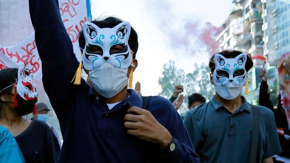 Anti-coup protesters march in Yangon, Myanmar on March 8, 2022