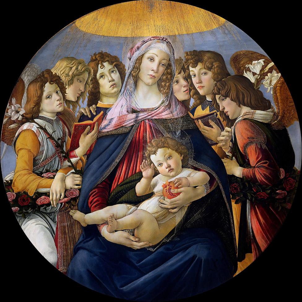 Botticelli's original Madonna of the Pomegranate in the Uffizi Gallery in Florence