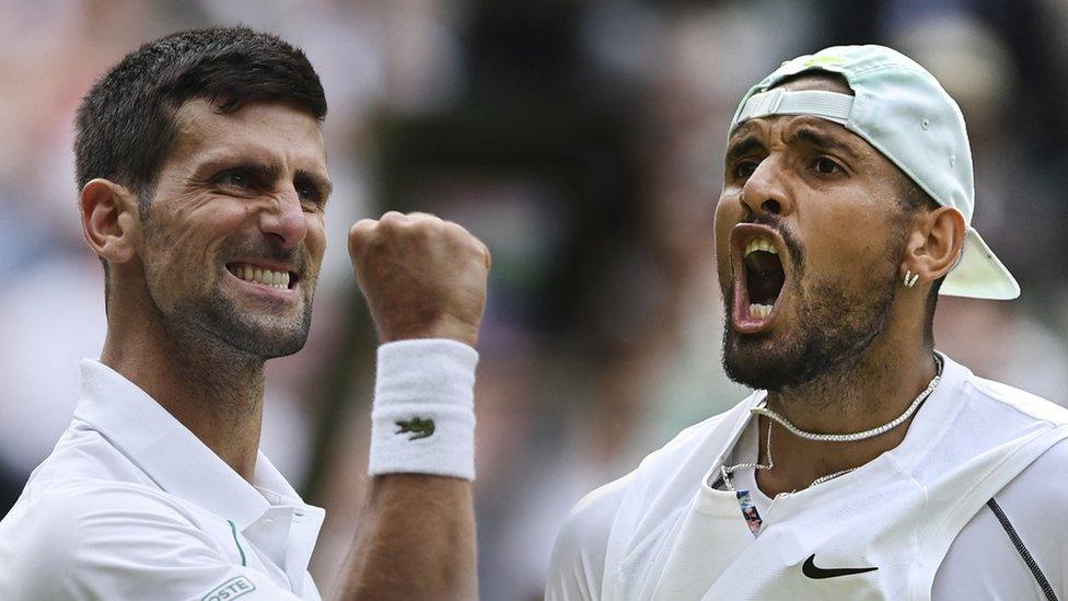 a still that blends two pictures of the wimbledon men's finalists - novak djokovic and nick kyrgios