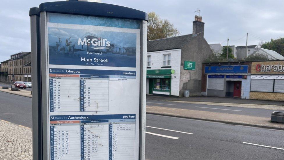 McGills bus sign on Main Street, Barrhead