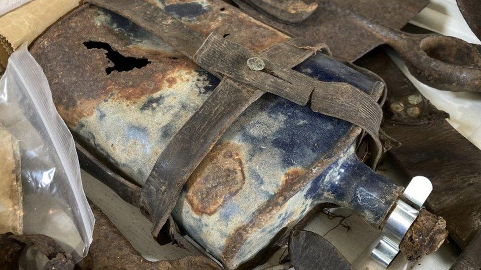 A flask in its leather casing, among items found with L/Sgt Charles Stevens' body in France