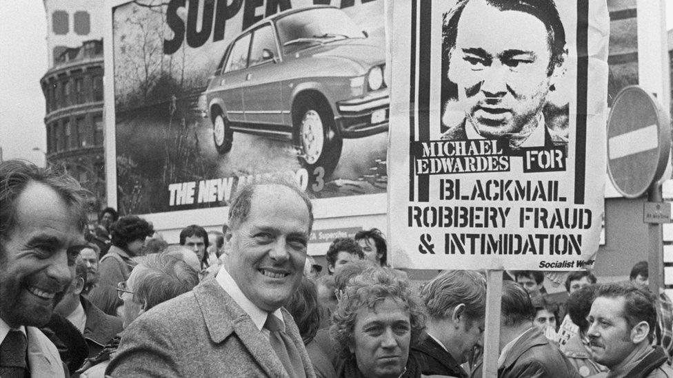 Derek Robinson (second left) taking part in a protest at Longbridge, Birmingham, against his sacking in 1979