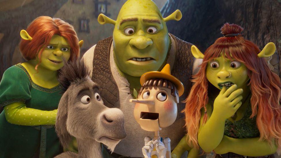 Characters from the new shrek movie, Fiona, Shrek, Donkey, Pinocchio and Shrek and Fiona's daughter