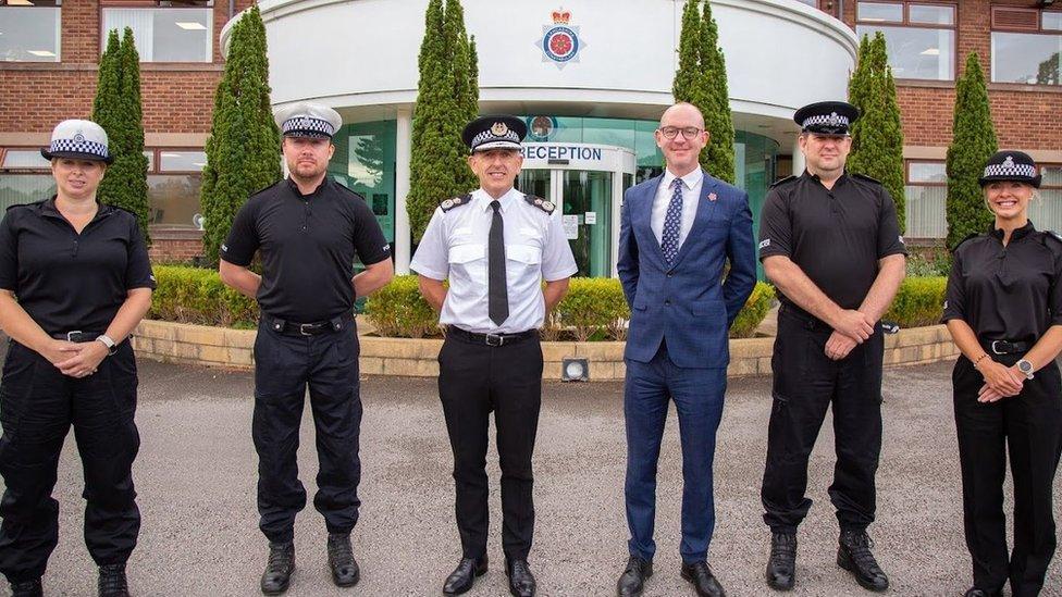 PCC Andrew Snowdon, Chief Constable Chris Rowley and 4 other officers outside Lancashire Police station