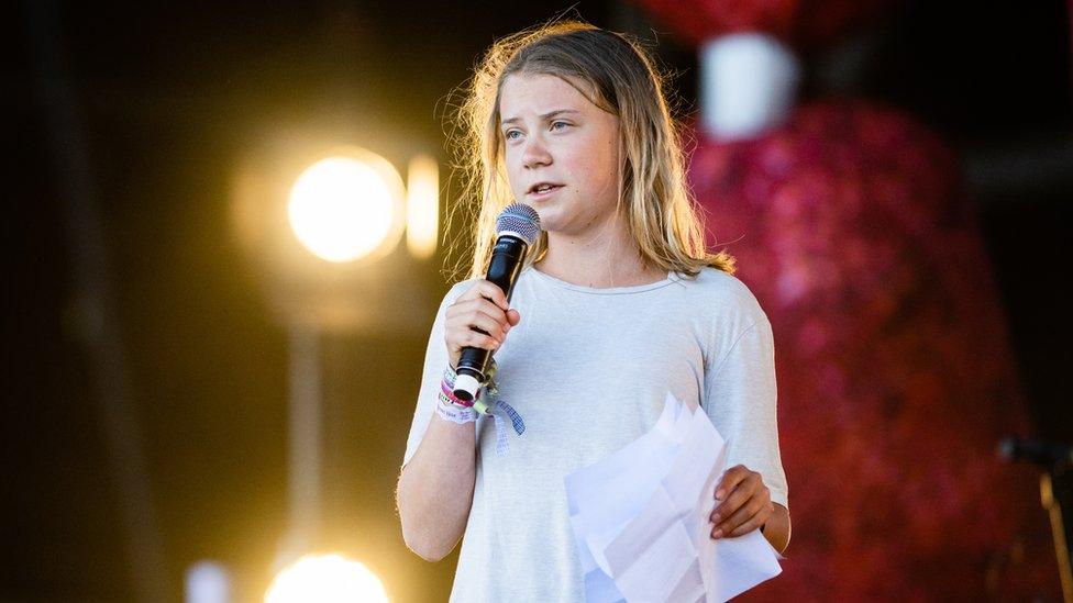 Greta Thunberg speaks at the Glastonbury Festival, 2023