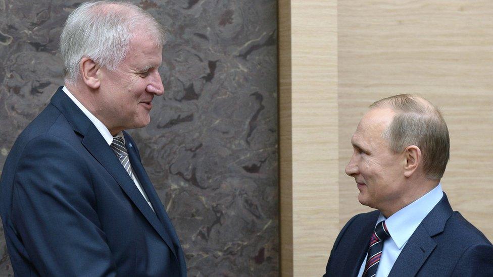 Bavarian leader Horst Seehofer (left) meets President Putin in Moscow, 3 Feb 16