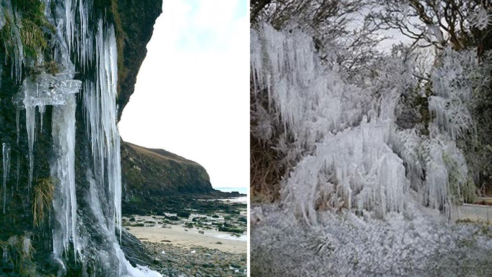 Icicles on a cliff and a burst water pipe