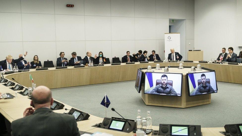 G7 leaders during a video call with President Zelensky, Brussels, 24 Mar 2022.