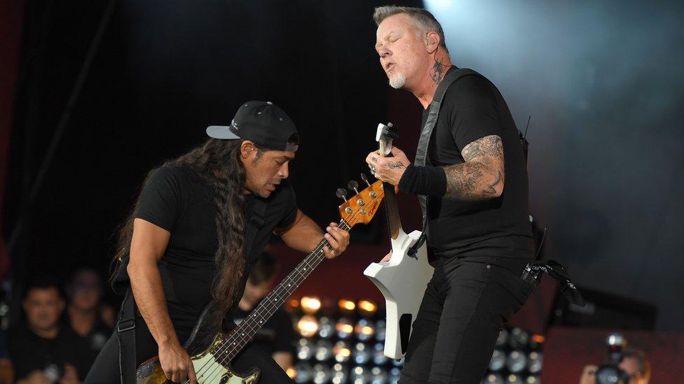 Kirk Hammett and James Hetfield of Metallica perform at the 2016 Global Citizen Festival in Central Park