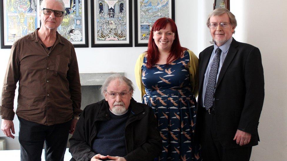 Alasdair Gray (2nd from left) with (L to R) Kevin Brown, Pro Alan Riach and Sarah Mason