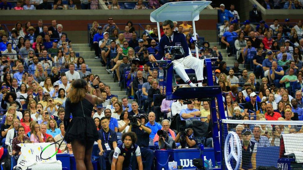 Serena Williams of the United States argues with umpire Carlos Ramos during her Women's Singles finals match against Naomi Osaka of Japan on Day Thirteen of the 2018 US Open