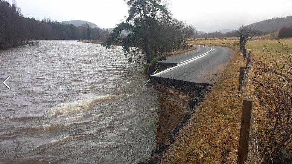 A collapsed road, the A93 between Ballater and Bramer