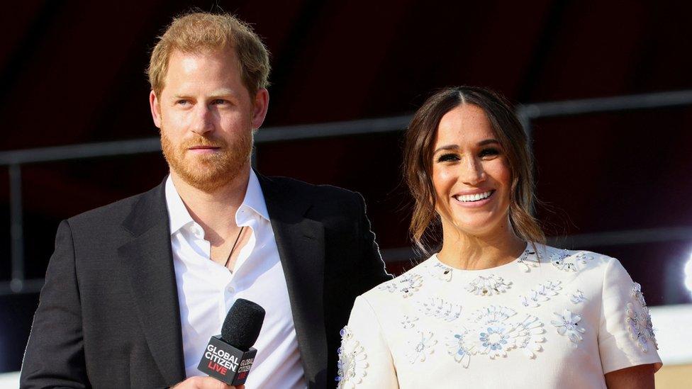 The Duke and Duchess of Sussex seen onstage at the 2021 Global Citizen Live concert in New York