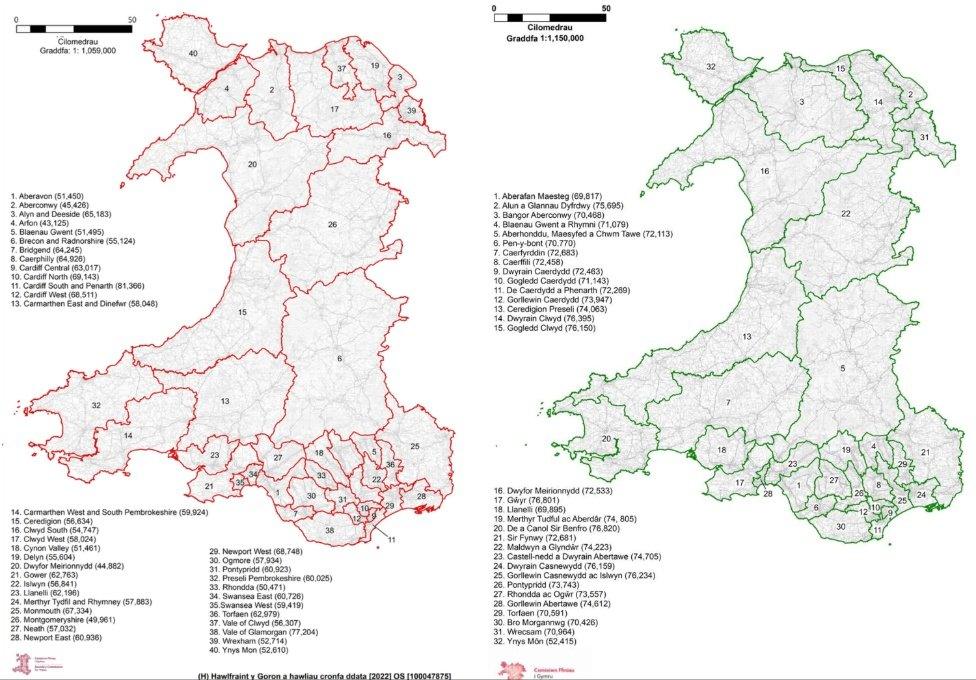 Y ffiniau yn yr etholiad diwethaf (chwith) a'r ffiniau newydd (dde)