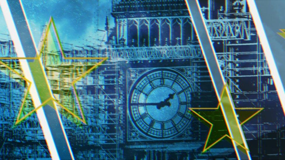 Graphically drawn Big Ben in blue overlaid with yellow EU stars